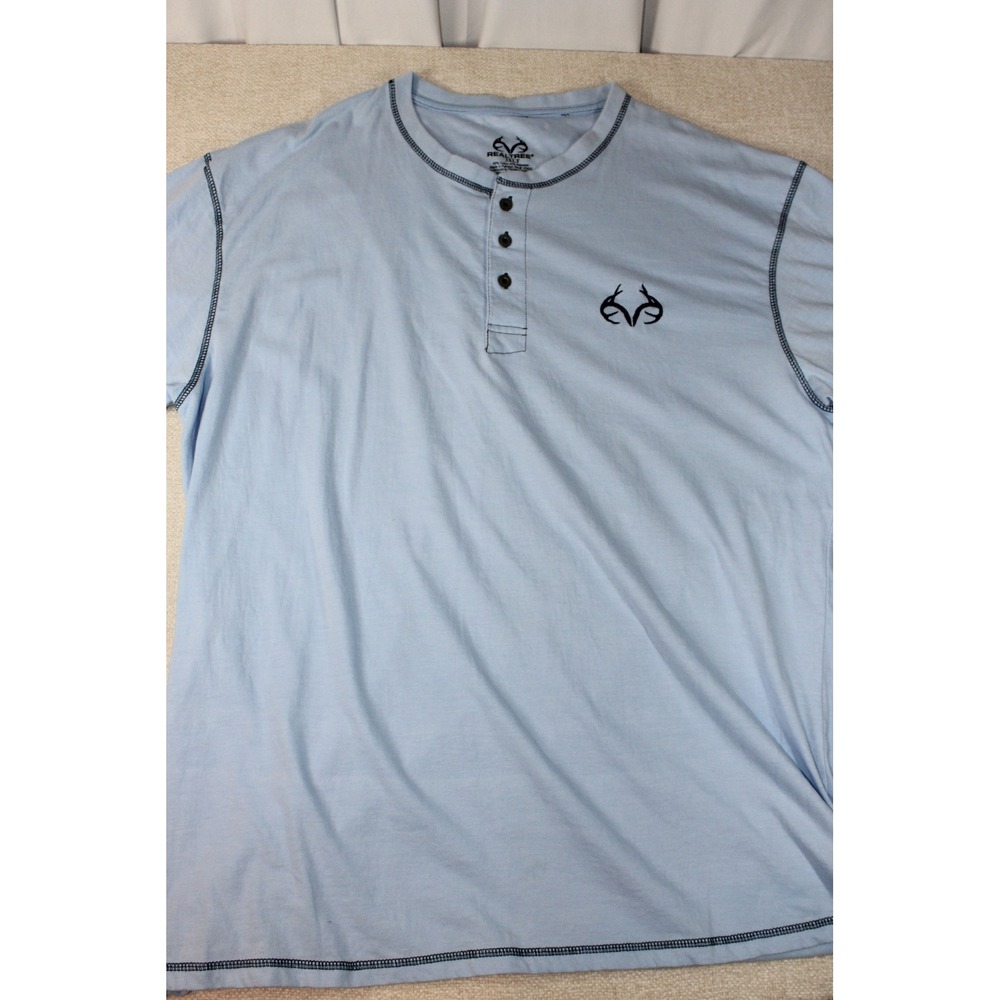 Realtree Mens 3XLT Light Blue Short Sleeve Henley Antler Logo T-Shirt Big & Tall